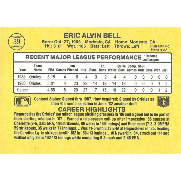 1987 Donruss Baseball Card - #39 Eric Bell - Picture 2 of 2